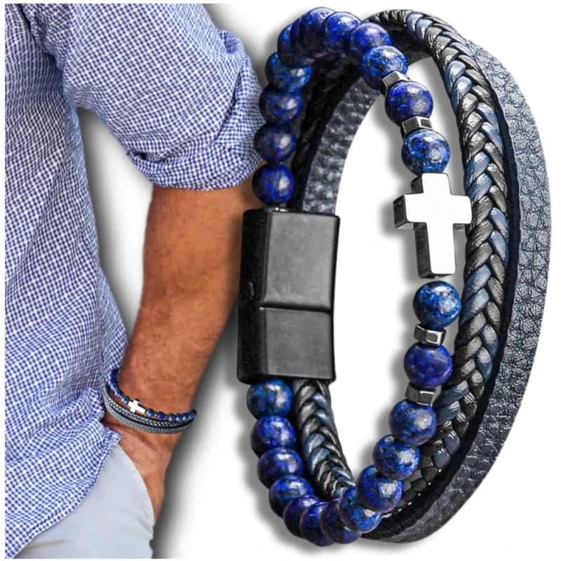 Bransoletka męska z plecionej skóry z niebieskimi kamieniami i krzyżem