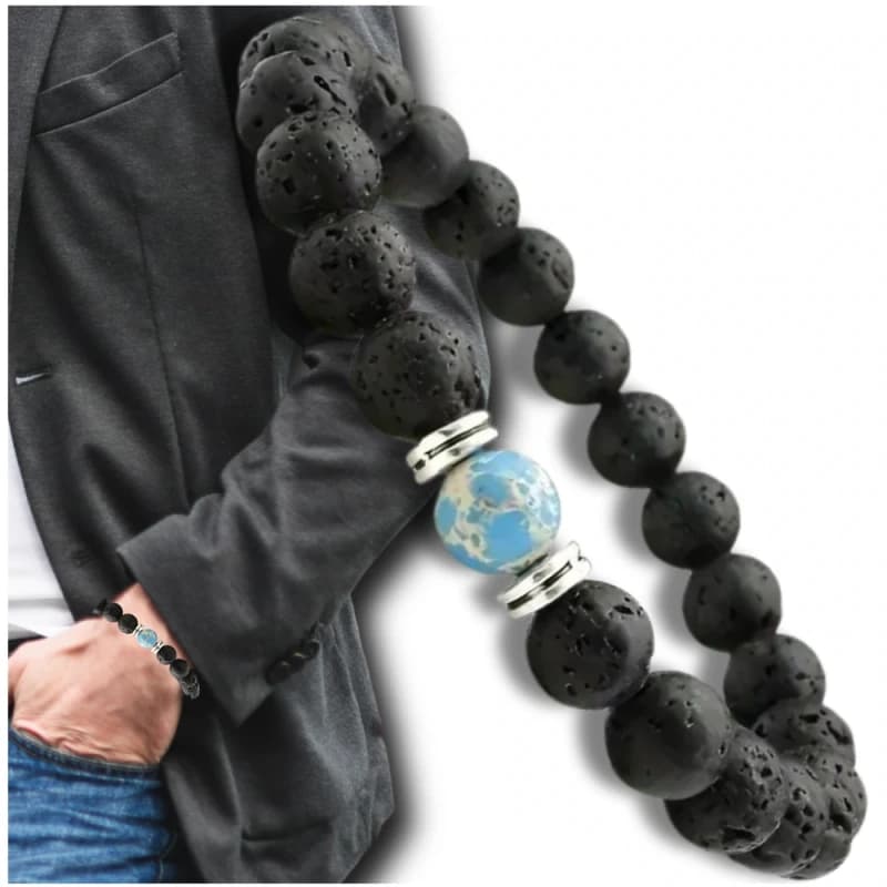 Męska bransoletka z lawy wulkanicznej z niebieskim kamieniem