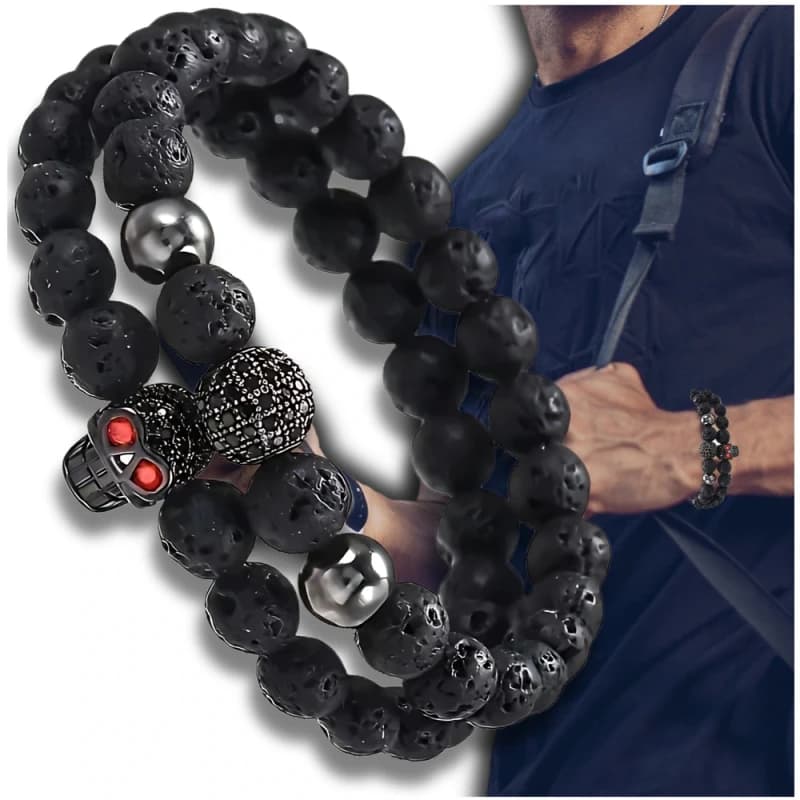 Bransoletka męska z czaszką czarne kamienne koraliki