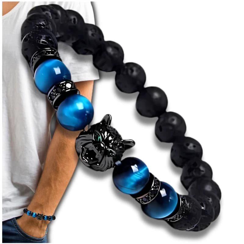 Bransoletka męska z głową wilka tygrysie oko i wulkaniczna skała