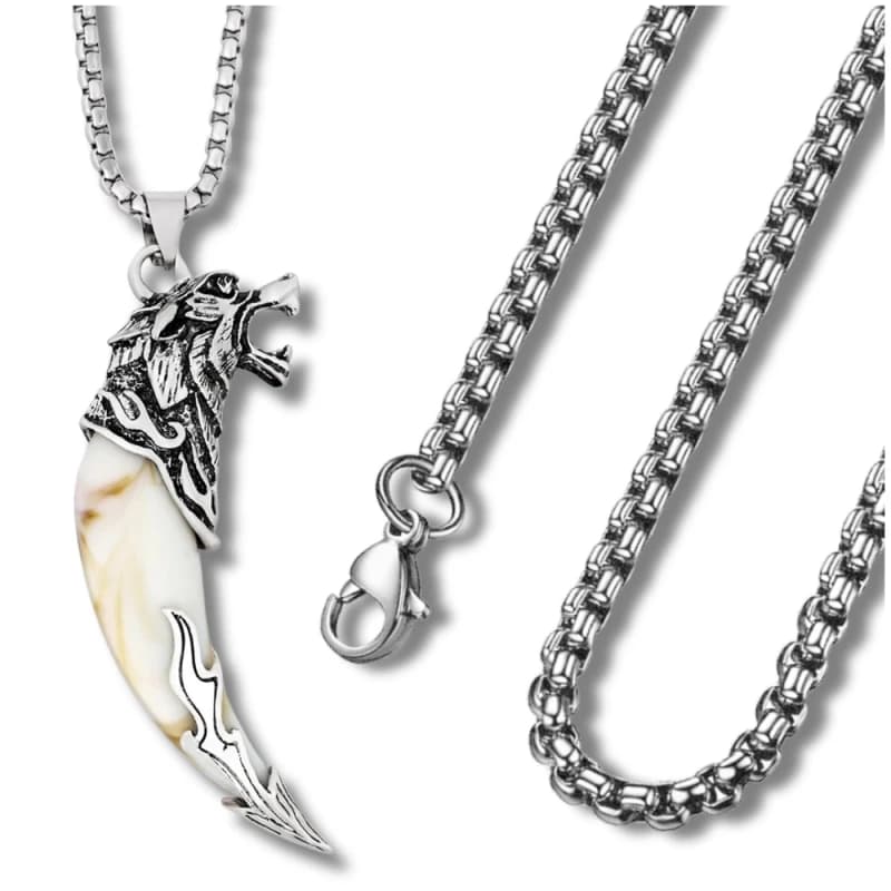 Męski srebrny naszyjnik ze stali nierdzewnej z wilczym zębem