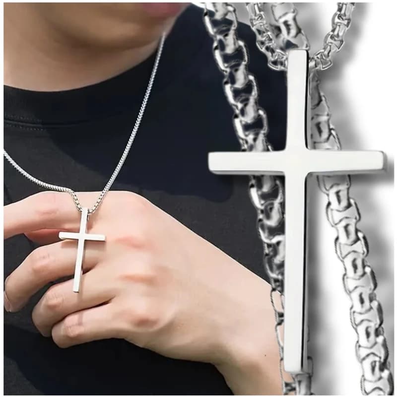 Męski naszyjnik ze stali chirurgicznej srebrny z krzyżykiem