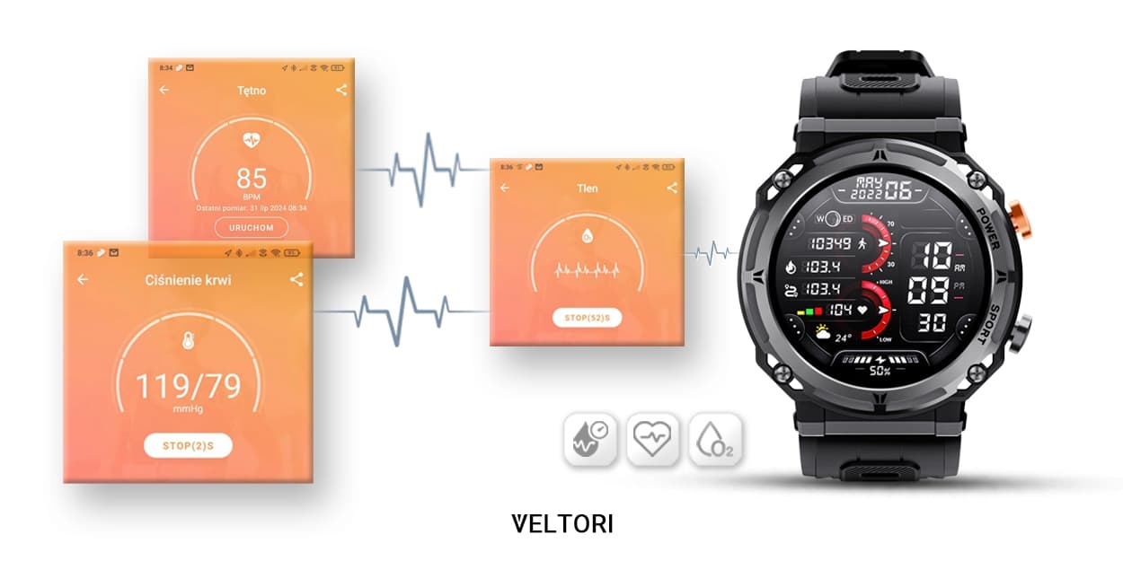 Smartwatch VELTORI VT130-1 Czarny Pasek Silikonowy