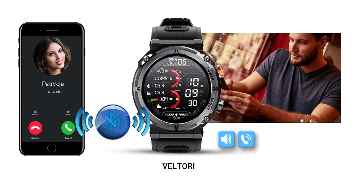 Smartwatch VELTORI VT130-1 Czarny Pasek Silikonowy